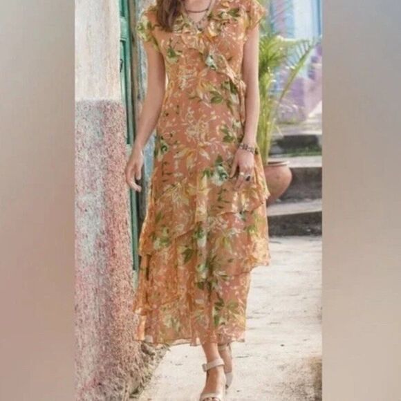 Sundance Victory Gardens Silk Maxi Dress Ruffle Floral Boho Size 12 - Picture 1 of 5